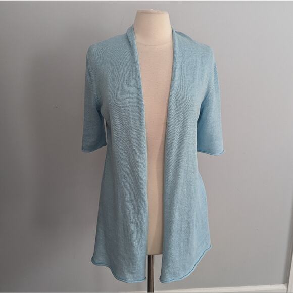 Eileen Fisher Mint Cardigan Open Drape Front Sweater 100% Linen 3/4 Sleeved - Picture 1 of 8